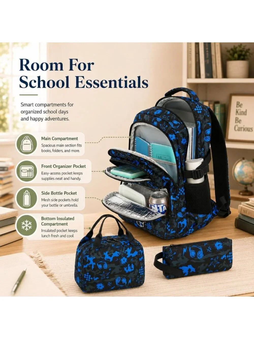 Camo Kids Backpack Set for Boys - Stylish Bookbag for School & Travel - 3pcs